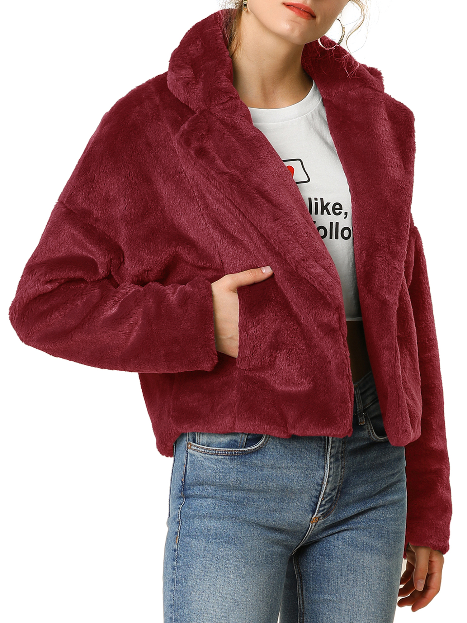 Unique Bargains Women's Cropped Jacket Notch Lapel Faux Fur Fluffy Coat L Burgundy - image 5 of 7