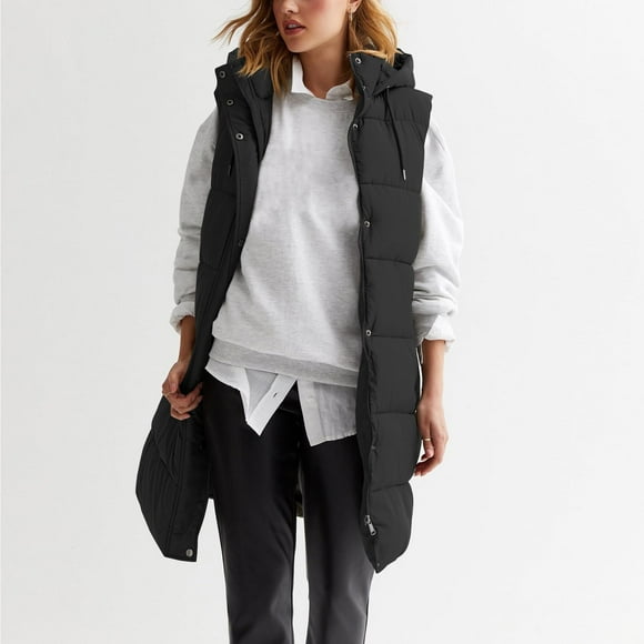 IMENGL Long puffer vest oversized quilted vest, Black L, Size M-2XL