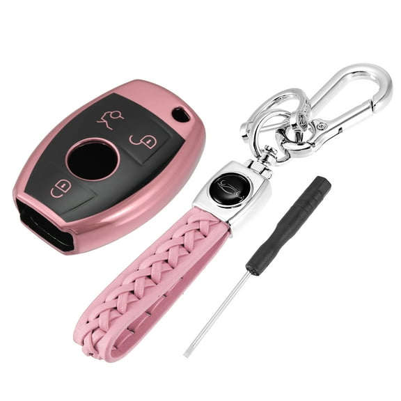 Vehicle Key Fob Cover 3 Button Remote Key Fob Case with Keychain Pink for Mercedes for benz C E S M CLS CLK G