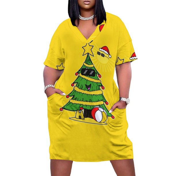 Vestido de verano para mujer traje holgado con bolsillo fondo árbol de Navidad vacaciones en la playa