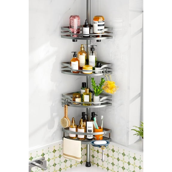 Shower Caddy Tension Pole：4-Tier Rustproof Bathroom Corner Shelf for Renters - 47-121inches Adjustable Bathtub Organizer with Soap Holder-large capacity rack for Shampoo Storage Home Accessory