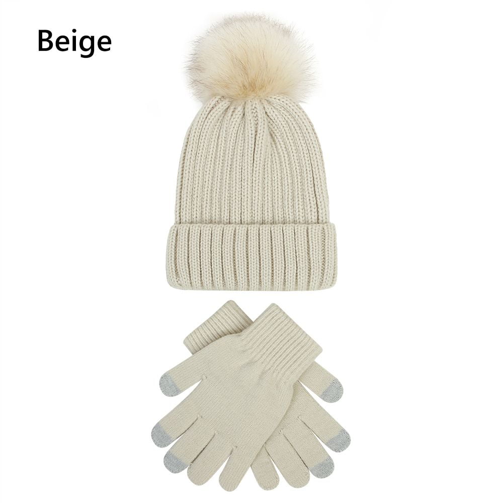 Women & Men Winter Knit Thick Faux Fur Pom Hats Touch Screen Mittens  Slouchy Beanie Beanie Hat Gloves Set BEIGE