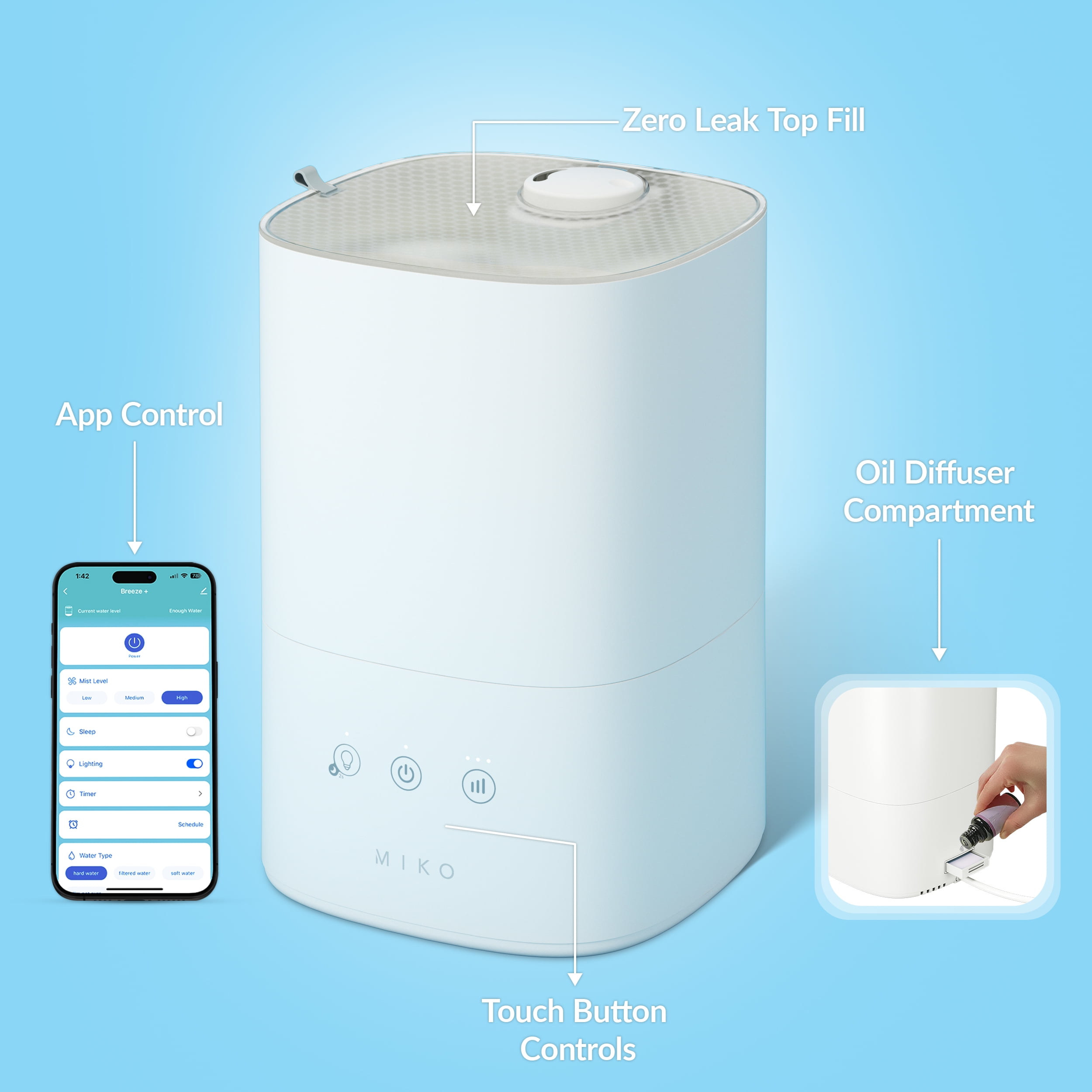 MIKO Breeze + Smart Humidifier with App Control Ultra-Quiet, Top-Fill Design, Aromatherapy, and Rapid Humidity Increase Breeze+