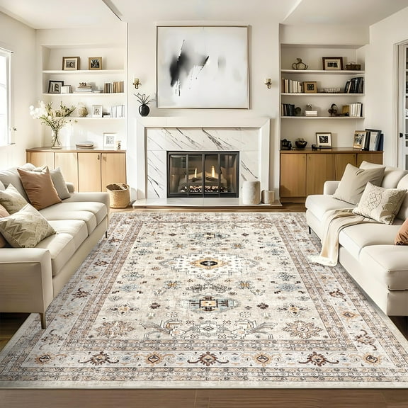 FairOnly 8'x10' Beige Oriental Living Room Area Rugs Vintage Bohemian Rugs Washable Low Pile Soft Area Rug Carpet for Bathroom