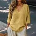 thumbnail image 2 of 3/4 Sleeve Tops for Women V Neck Loose Fit Womens Shirts Casual Cotton Blouse Womens Summer Tops with Sleeves Linen Shirts for Women Work Top Breathable Shirts,Gold,M, 2 of 5