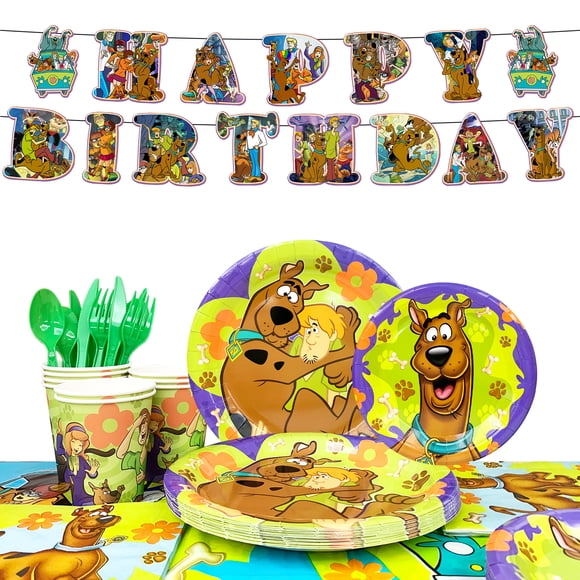 114Pcs Scoobydoo Birthday Party Decoration, Scoobydoo Party Supplies Tableware - Scoobydoo Tablecloth Banner Plates Napkins Cups for Scoobydoo Birthday Party Decoration
