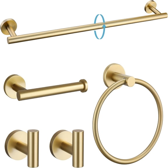 Brushed Gold 5 Piece Bathroom Hardware Set,Stainless Steel 24 Inch Bath Towel Bar Set, Round Bathroom Accessories Kit Wall Mounted