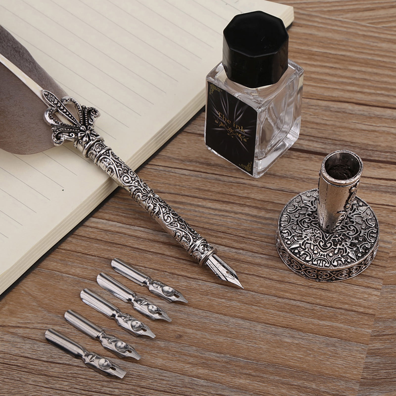 English Calligraphy Feather Dip Quill Pen Writing Ink Set Stationery Gift Box with 5 Nibs