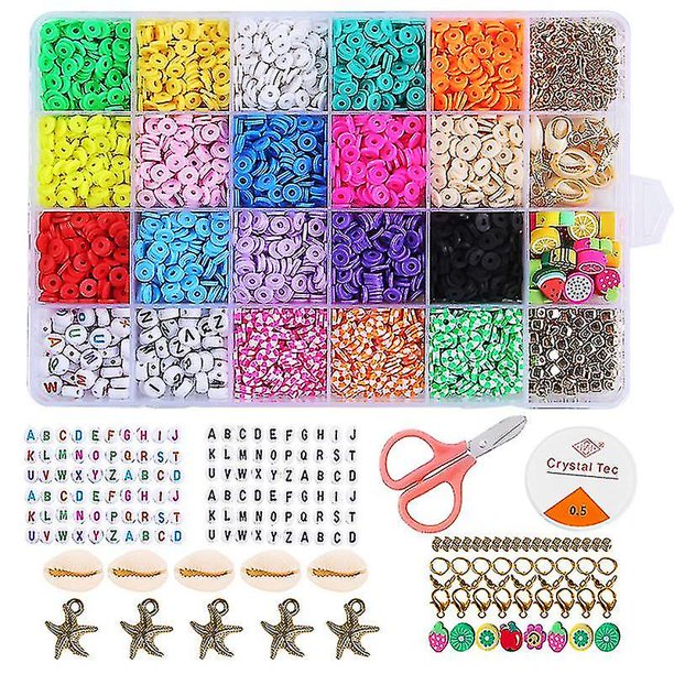 4000 cuentas de arcilla polimérica de 18 colores, cuentas planas de 6 mm con cuentas de arcilla, cuentas de alfabeto, anillos de salto, colgantes, cuerda de cristal para joyería de