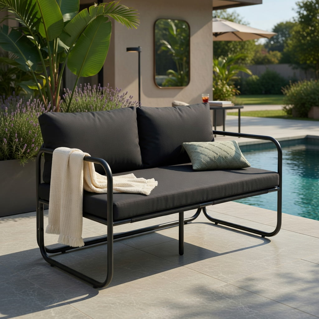 Hommoo Outdoor Patio Loveseat Sofa, 2-Person Metal Frame Couch with Removable Machine-Washable Cushions, Armrests & Adjustable Feet, Gray