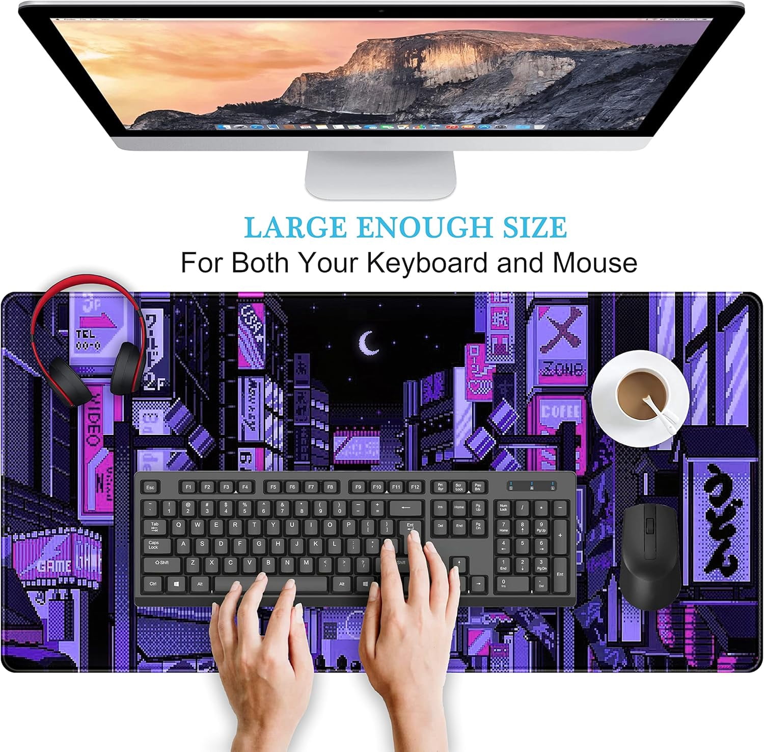 Tokyo Street Desk Pad Purple, Cute Retro Large Gaming Mouse Pad, Japanese Anime Laptop Keyboard Mouse Mat XXL, Aesthetic Neon Pixel Skyline/City Desk Mat, Desk Decor Pads for Women 31.5"x15.75"