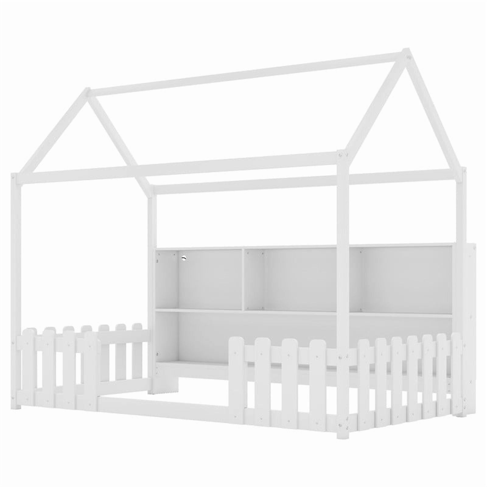 Mirightone Twin Size House Bed frame, Twin Floor Bed with High Rails & Storage Shelves, Montessori Bed with LED Light, Solid Wood House Floor Bed(White)
