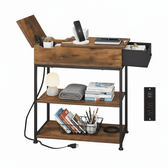 StarZe Multi-Functional Side Table,Flip Top End Table with Charging Station & USB Ports, for Living Room, Bedroom.