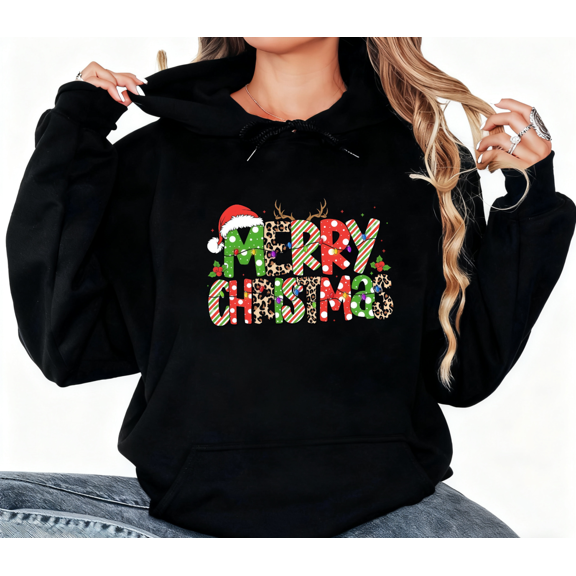 Merry Christmas Leopard Lights Graphic Tee T-Shirt Print Top Hooded long-sleeved Black S-2XL