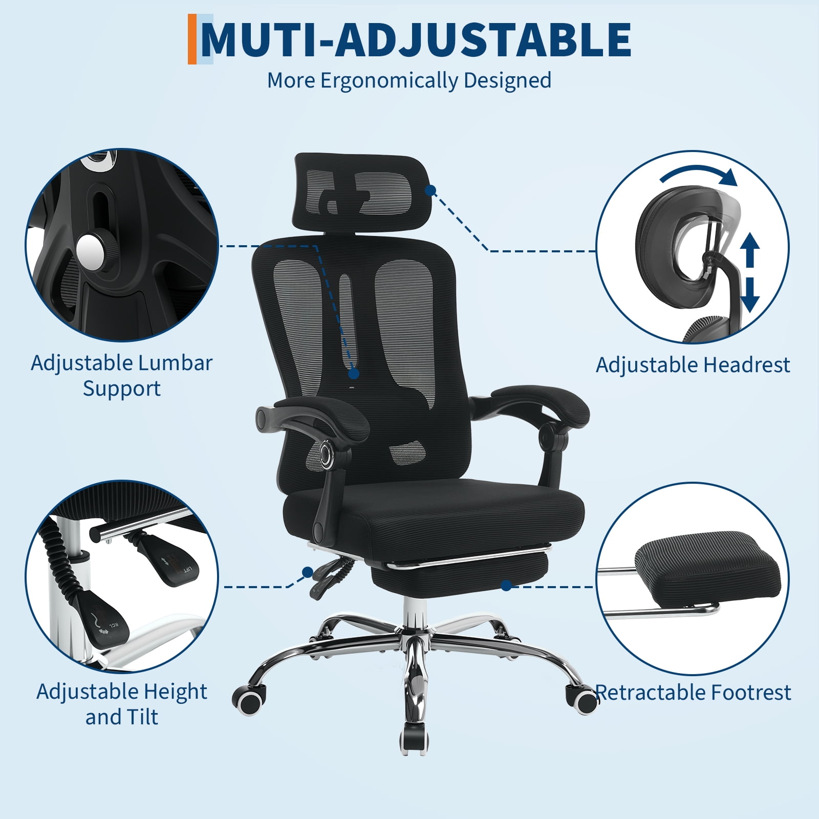 Ergonomic Office Chair with Footrest & Headrest – High Back Mesh Desk Chair, 90-140° Recline with Lock, 360° Swivel, Breathable Mesh for Home & Office – Heavy Duty for Men & Women