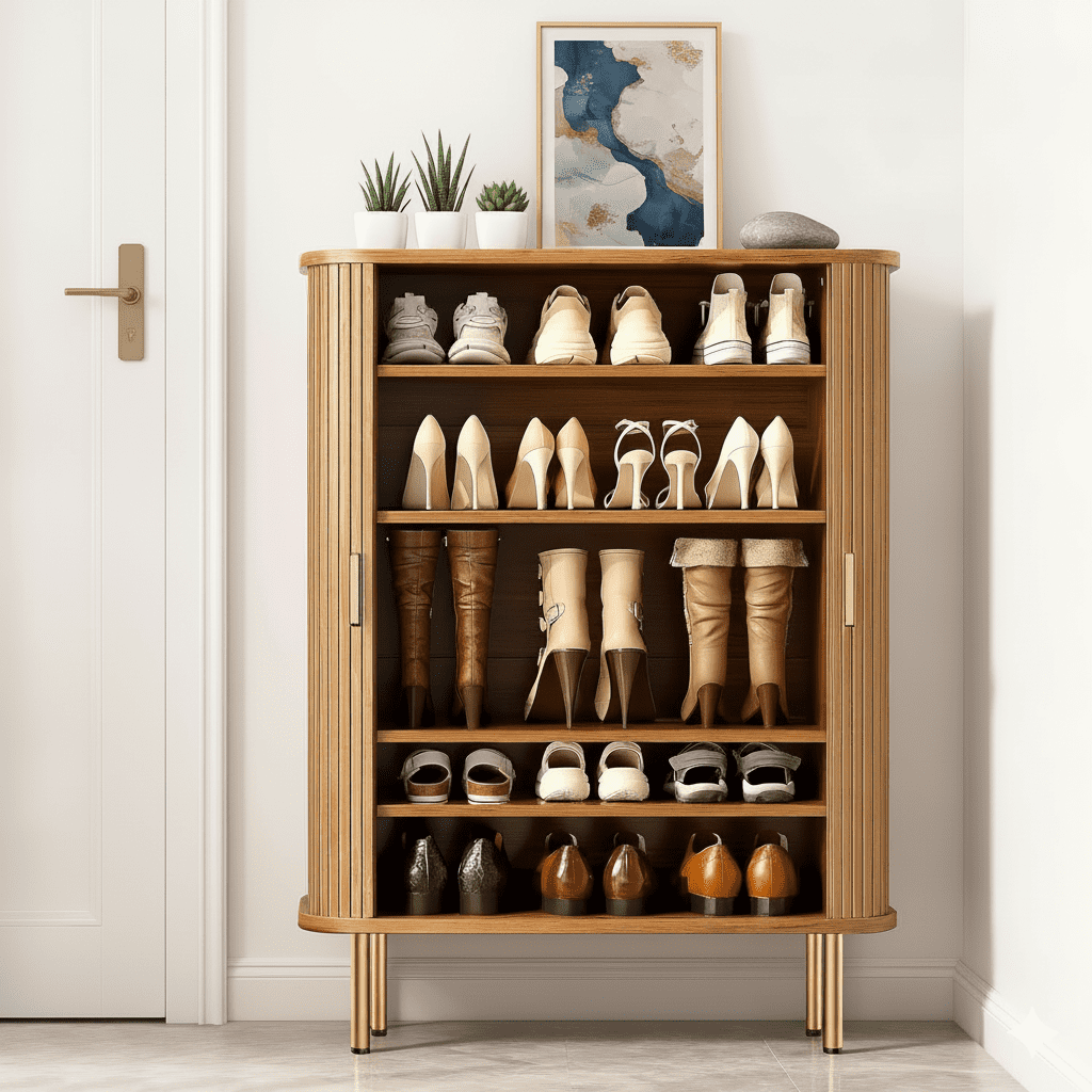 TiramisuBest Shoe Storage Cabinet with Sliding Door, 31.5" Mid-Century Modern Shoe Rack for Entryway, 6-Tier Shoes Organizer with Adjustable Shelves for Hallway & Living Room (Yellow)