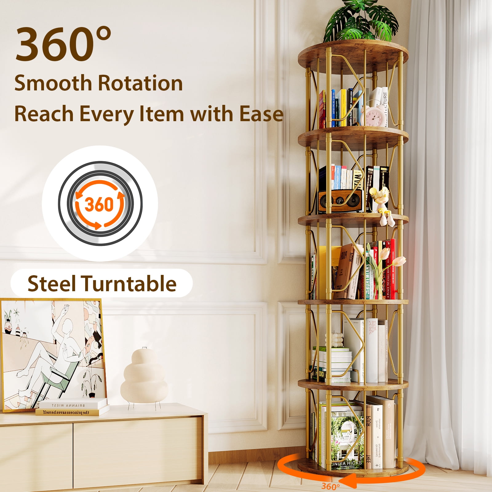 LLappuil 5 Tier Rotating Bookshelf, 360° Display Swivel Bookcase, Corner Bookshelf for for Bedroom, Living Room Gold