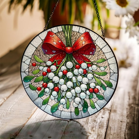 ViciArt Mistletoe & Red Bow Glass Suncatcher – Christmas Window Hanging Decoration