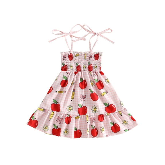 BemeyourBBs Toddler Girls Back to School Dress Kids Kindergarten Outfits Baby Girl First Day of School Outfit Strap Tie-up Sleeveless Plaid Apple Printed Summer Ruffled Dress