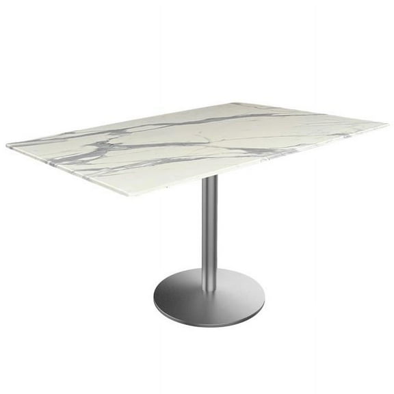 Indoor/Outdoor 30" Tall OD214 Stainless Steel Table Base with 22" Diameter foot and 32" x 48" Indoor/Outdoor White Marble Top by the Holland Bar Stool Co.