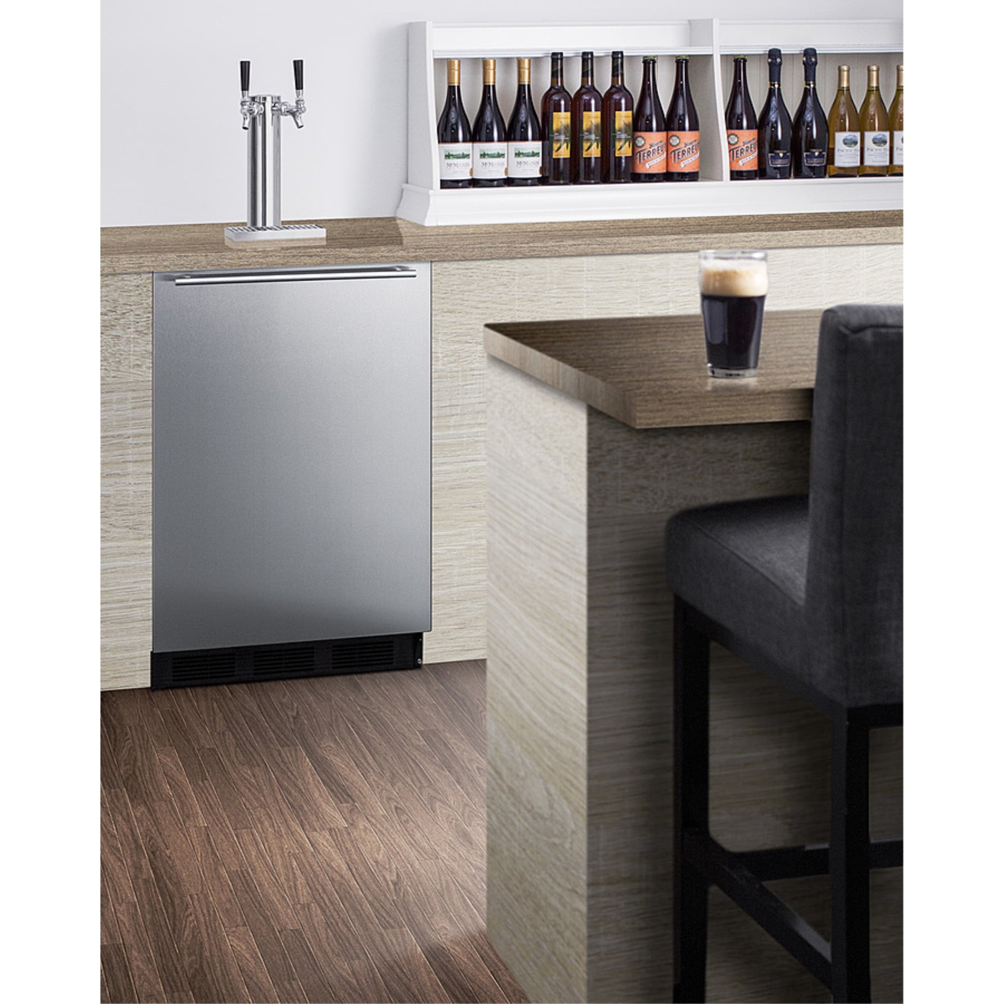 Built-in kegerator for use under ADA compliant counters with dual tap kit for two 1/6 kegs