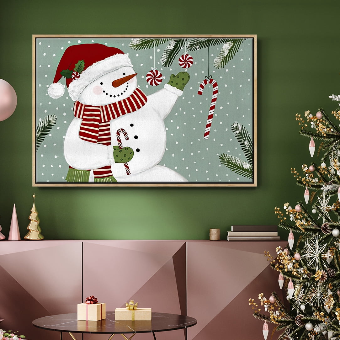 Peppermint Snowman Collection A - Framed Gallery Wrapped Holiday Canvas - 17 x 25 - Natural Wood Frame