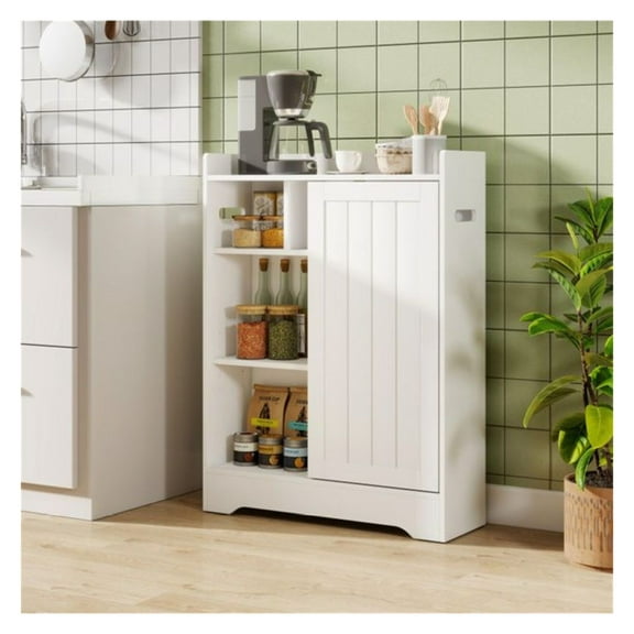 Slim White Bathroom Storage Cabinet (24"x8"x31.5") - 2 Sliding Doors 2 Adjustable Shelves /Brush Holders