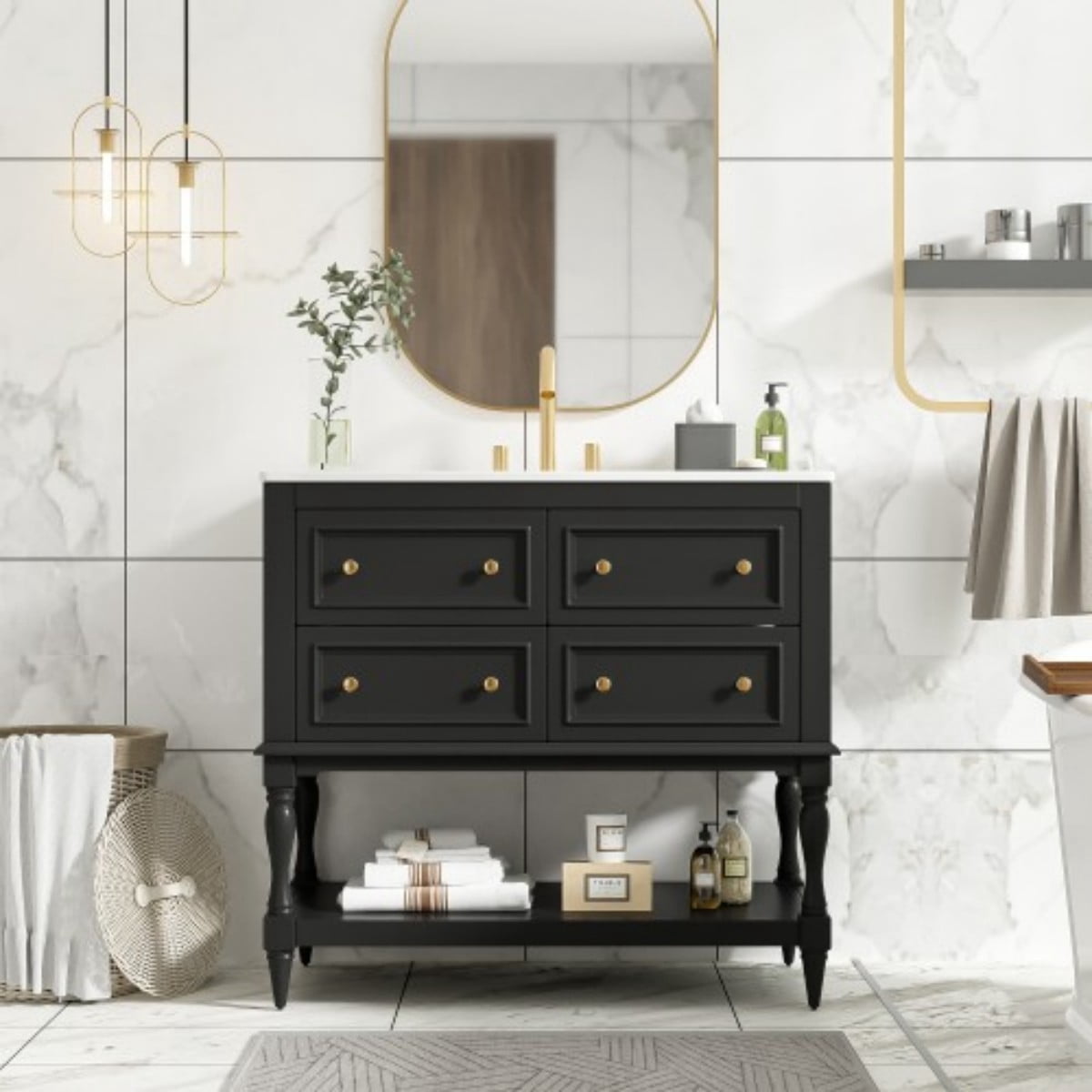 36" Bathroom Vanity with Sink, Freestanding Bathroom Vanity Cabinet with Undermount Ceramic Sink, Solid Wood Frame, 4 Drawers, Large Storage Shelf, Black