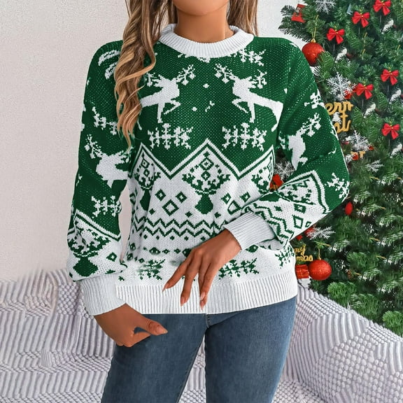 QUNYINEY Pullover Sweaters for Women Christmas Knit Crew Neck Green Tops Regular Casual Long Sleeve Sweaters