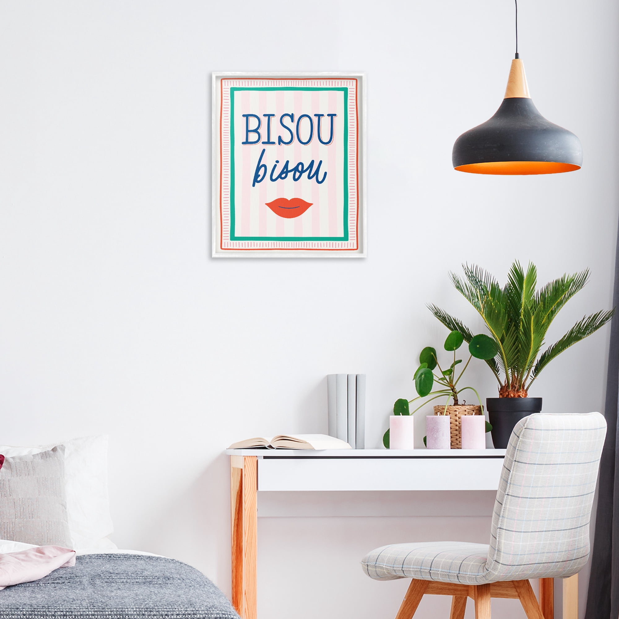 Stupell Industries Bisou Kiss over Stripes White Framed Giclee Art, design by Jalynn Heerdt
