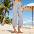 thumbnail image 3 of Linen Capri Pants for Women Wide Leg Summer Boho Capris Dressy Casual Elastic Waist Beach Trousers with Pockets Gray M, 3 of 8
