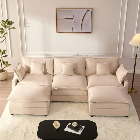 Bigsyy Canapé d'Angle 3 Places, de Style Nuage Confortable, Assise Profonde, Convertible en Lit Grâce à Ses Coussins Décoratifs. Idéal pour les Salons Occupés par des Adultes, Design Moderne, Beige Chaleureux.