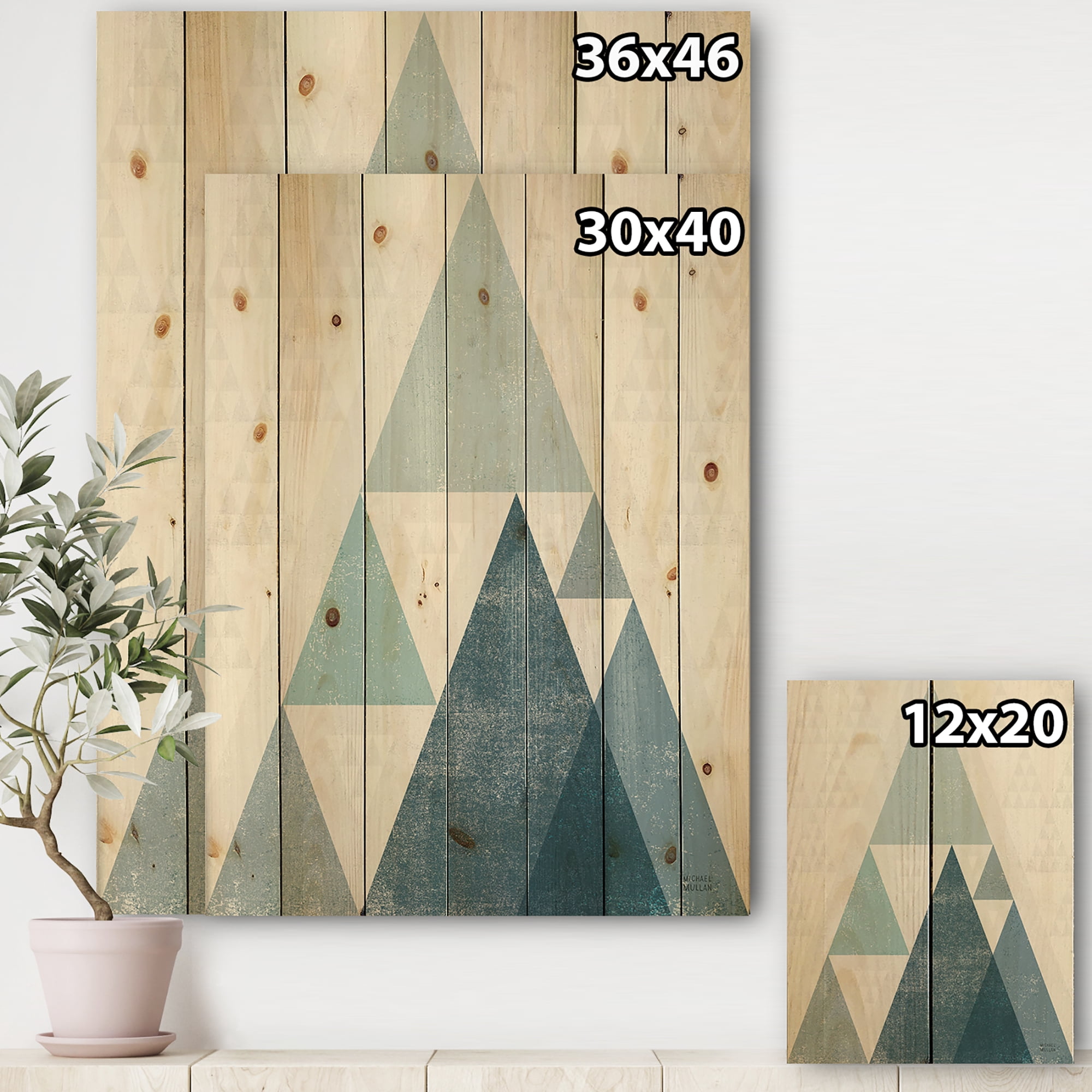 Designart 'Blue Minimal Triangles III' Mid-Century Modern Print on Natural Pine Wood