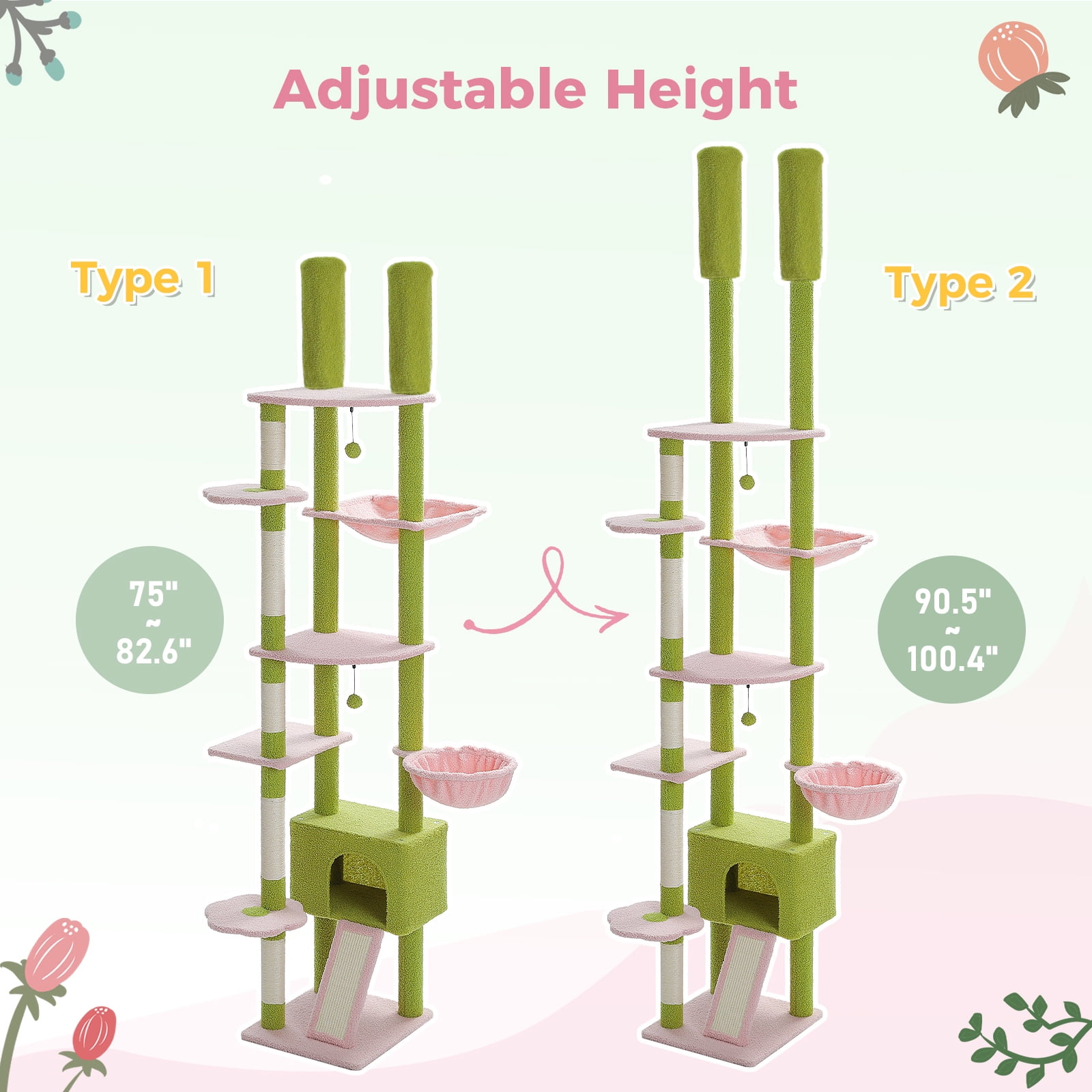 Kadyn Adjustable Height(85-112 in) Cat Tree Tower Floor to Ceiling with 7 Tiers Cat Climbing Activity Center, Cozy Hammocks, 5 Platforms for Indoor Cats, Green