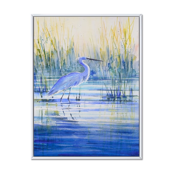 Designart 'Blue Heron On The Lake Shore' Traditional Framed Canvas Wall Art Print