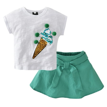 

CNGELG Toddler Kids Girls Summer Clothes Kids Print T Shirt Short Sleeve Tops Mini Skirts 2Pcs Outfits