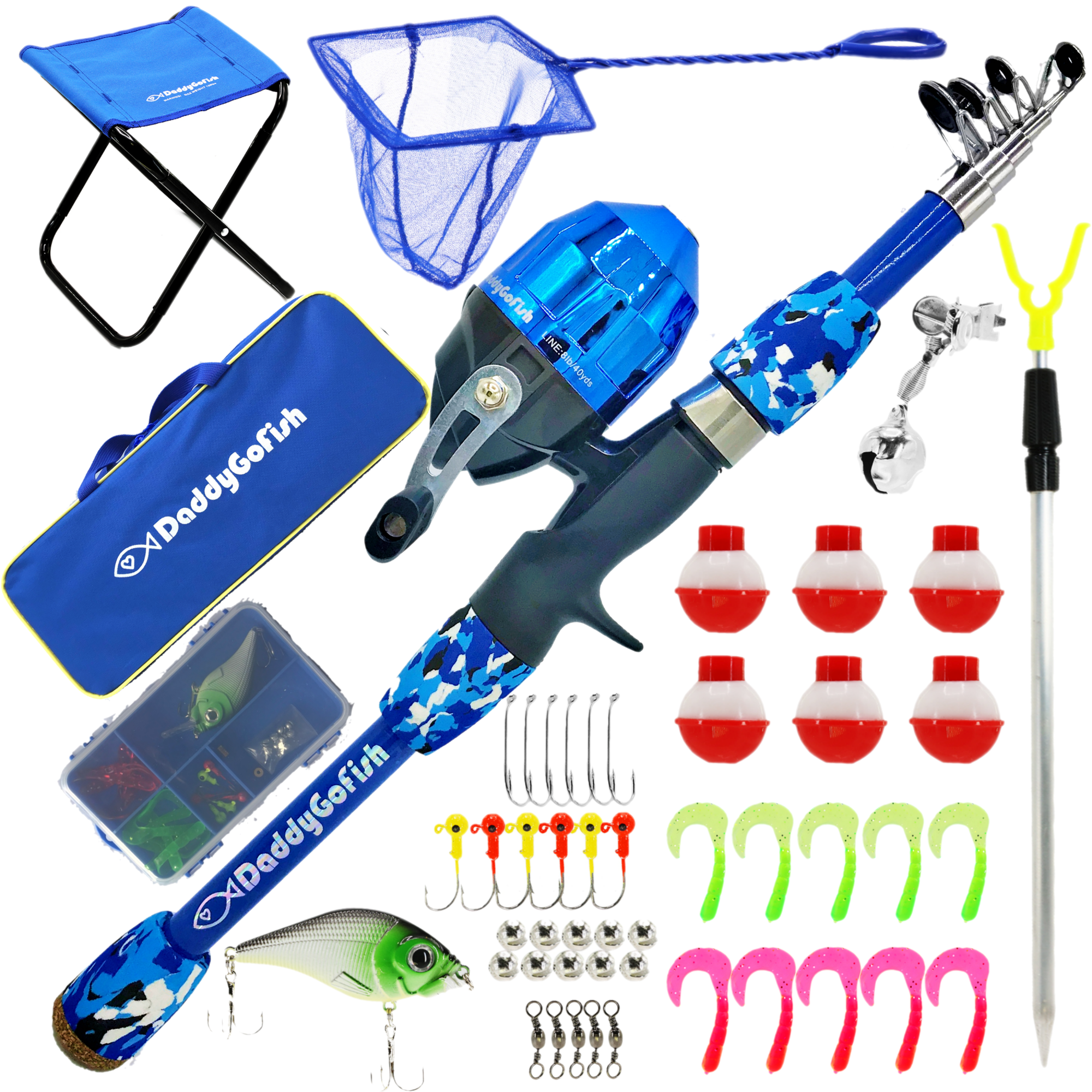 DaddyGoFish Kids Fishing Pole – Telescopic Rod & Reel Combo with Collapsible Chair Tackle Box Bait Net and Carry Bag for Boys and Girls Blue, 4ft Rod Holder 
