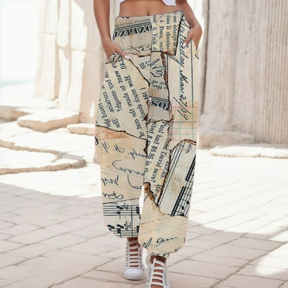 Ladies Old Newspaper Vintage Print Border Casual Pants Sports Casual Ladies Harlan Pants Sweatpants Women's Pants for Work Business Casual Dress Pants for Women Petite Summer Short Pants for Women
