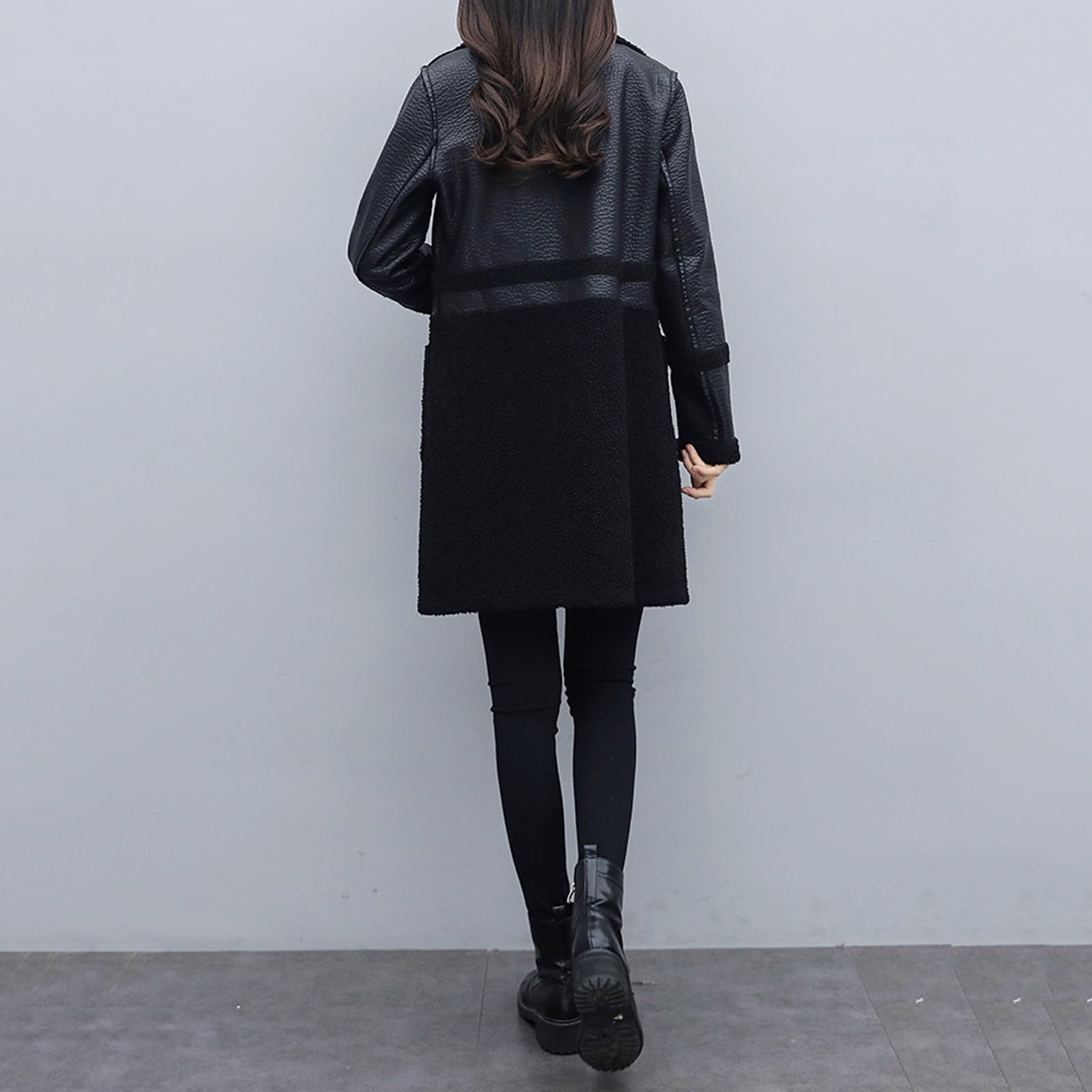 Autumn Winter Women Jacket Thickened Plush Faux Leather Patchwork Mid Length Plus Size Patch Pockets Double-breasted Turn-down Collar Overcoat