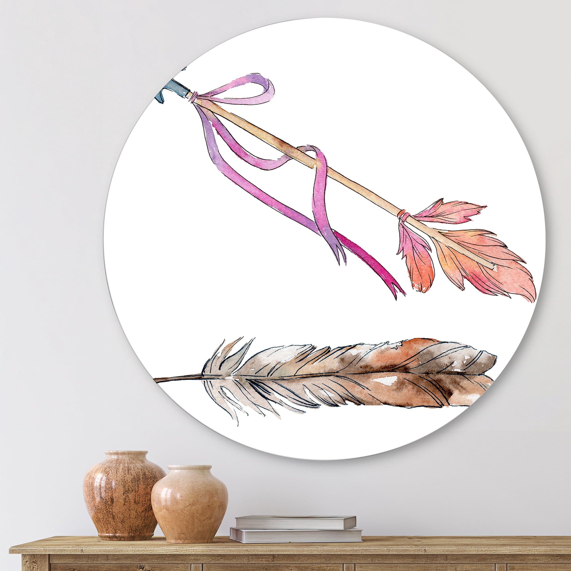 Designart 'Pink Bird Feather From Wing on Arrow' Bohemian & Eclectic Circle Metal Wall Art 11x11 - Disc of 11