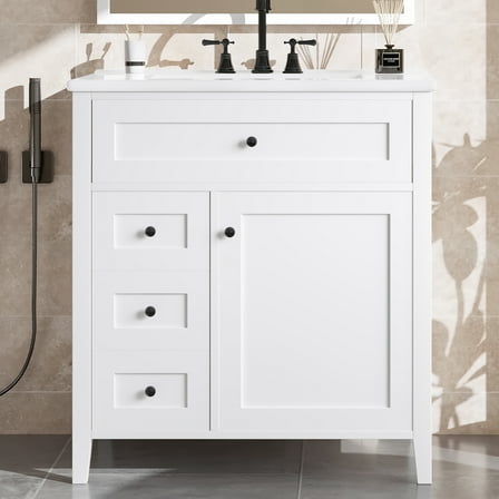 YIYADO Bathroom Storage Cabinet, Vanity with Sink, Modern MDF and Rubberwood Cabinet with 3 Drawers and Adjustable Shelves, White