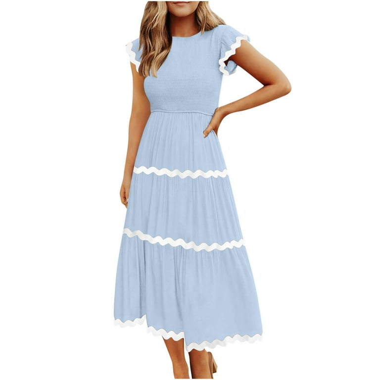 Summer Xqxayjr Wedding Guest Dress for Women Summer Plus Size Round Neck  Flutter Short Sleeve High Waist Rickrack Tiered Flowy Smocked Midi Dress  Cute Spring Bridal Shower Dresses - Walmart.com