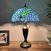 Tiffany Table Lamp Blue Stained Glass Green Leaves LED Bulbs Included For Living Room Bedroom Bedside 14"W*14"D*21"H
