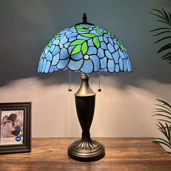 Tiffany Table Lamp Blue Stained Glass Green Leaves LED Bulbs Included For Living Room Bedroom Bedside 14"W*14"D*21"H