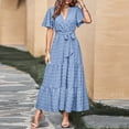 thumbnail image 2 of Shirt Dresses For Women 2025, Polka Dot Dress Smocked Casual V Neck Tunic Pleated Short Sleeve Beach Vacation Long Dress Sweater Maxi Dresses Summer Guest Square Dress (L, Blue) ZMTing, 2 of 4