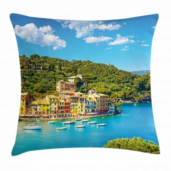 Italy Throw Pillow Cushion Cover, Portofino Landmark Aerial Panoramic View Village and Yacht Little Bay Harbor, Decorative Square Accent Pillow Case, 20 X 20 Inches, Blue Green Yellow, by Ambesonne