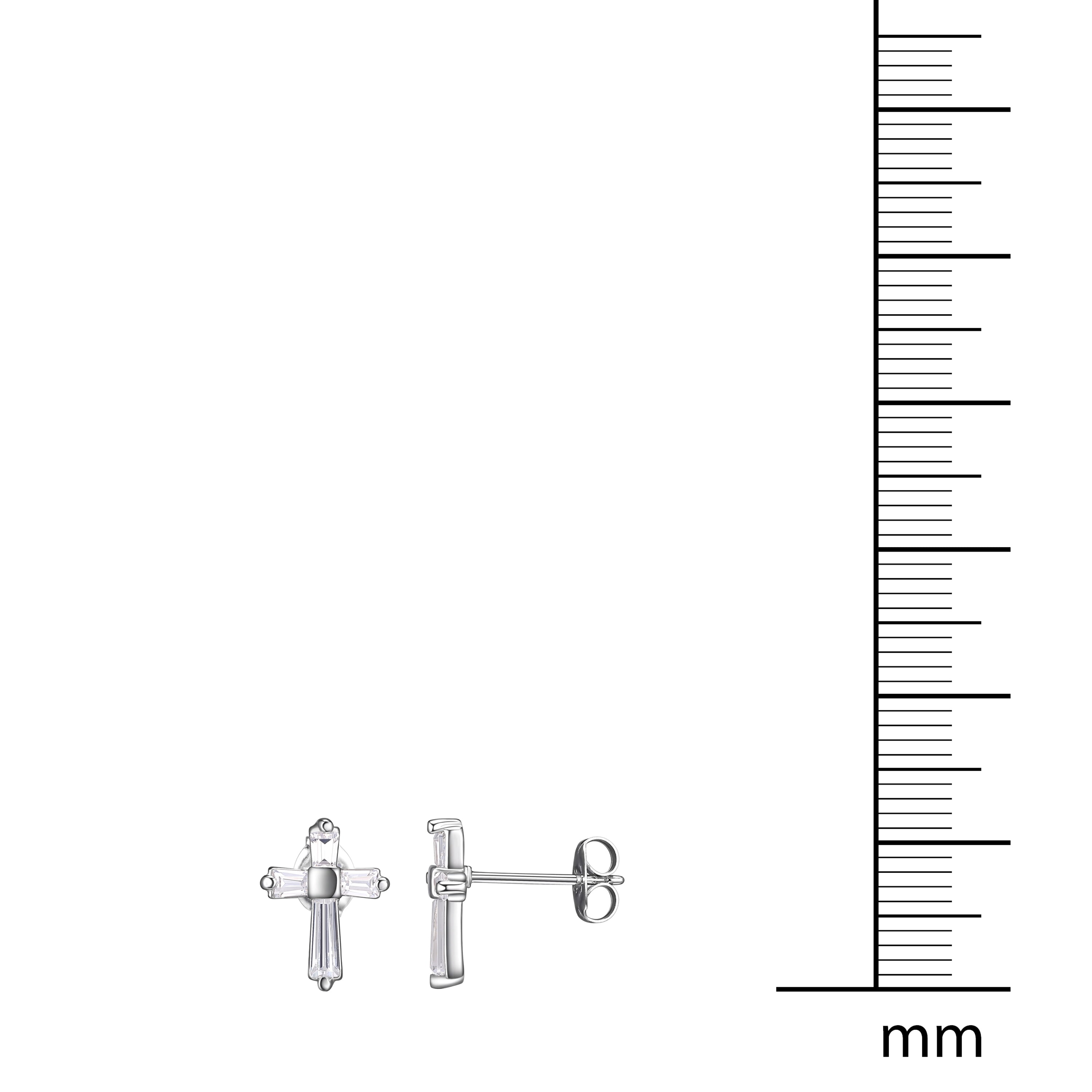 Baguette-Cut Clear CZ Rhodium-Plated Sterling Silver Cross Stud Earrings