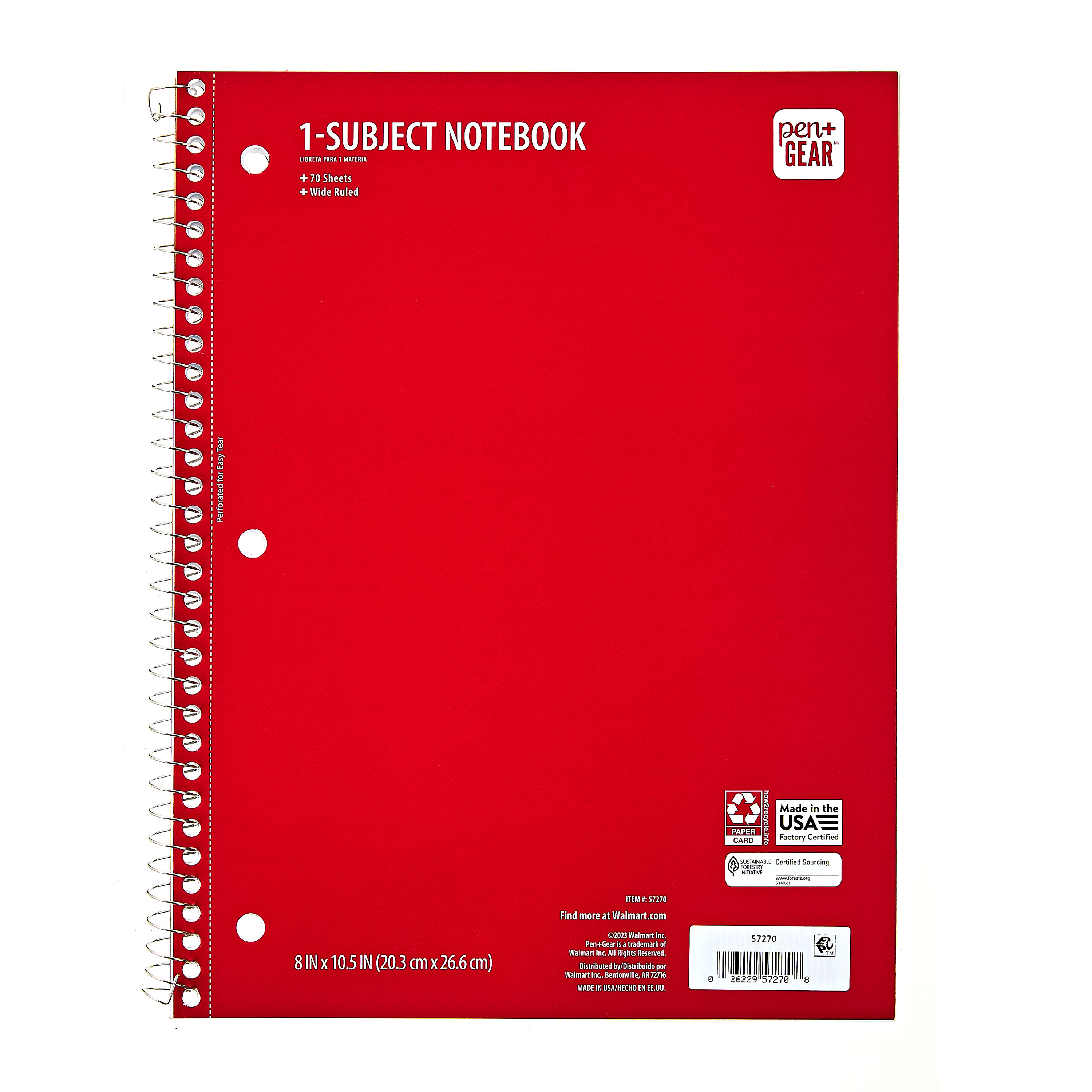 Pen+Gear College Ruled 1-Subject Notebook, 8" x 10.5", Red, 70 Sheets