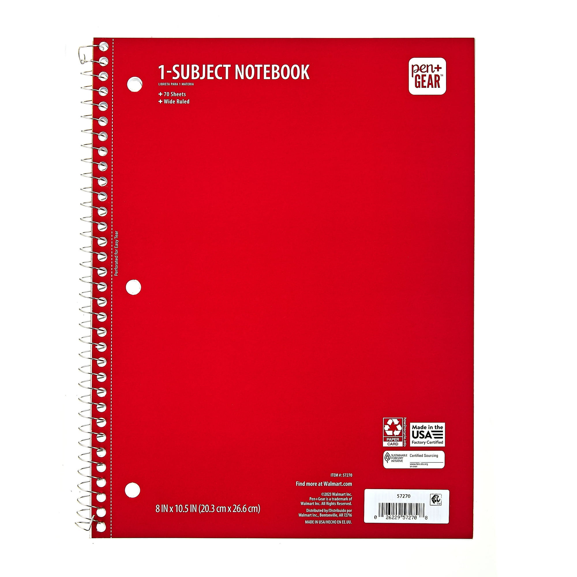 Pen+Gear 1-Subject College Ruled Spiral Notebook, 8 in x 10.5 in, Red, 70 Sheets
