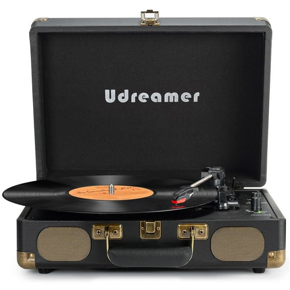 Udreamer Vinyl Record Player with 3-speed Bluetooth Audio Turntable & Built-in Speakers Portable Suitcase | Black